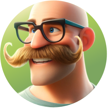 virtual_gardener_bkg Round avatar 3D image of a smiling gardener with a curly beard and glasses against a green and yellow background.